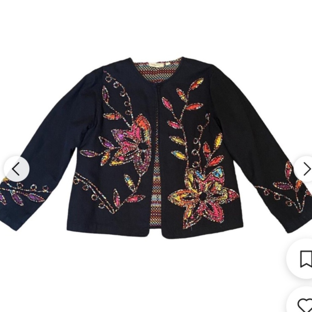Choices Black Embroidered Appliques Open Front Long Sleeve Jacket - Picture 1 of 6